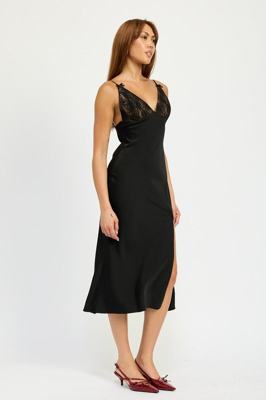 Satin Lace Cami Midi Dress With Slit – outfit idea for women | Ro + Ivy