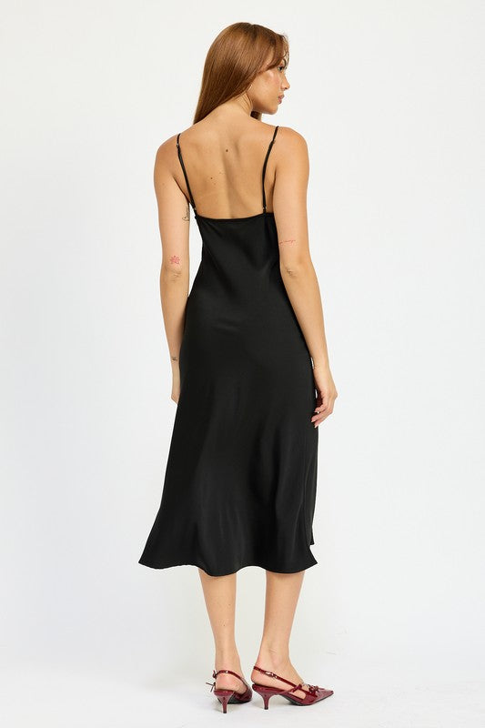 Satin Lace Cami Midi Dress With Slit – outfit idea for women | Ro + Ivy