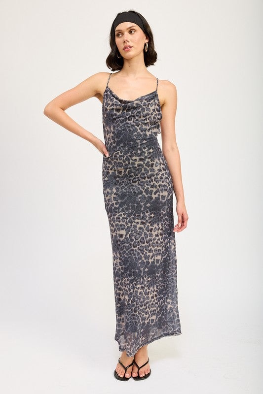 Grey Leopard Print Cowl Neck Maxi Dress With Open Back Ro + Ivy Grey Leopard Print Cowl Neck Maxi Dress With Open Back Ro + Ivy