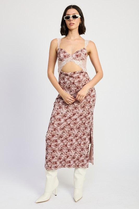 Lace Contrasted Mini Dress with Side Slit – RED BROWN FLORAL outfit idea for women | Ro + Ivy