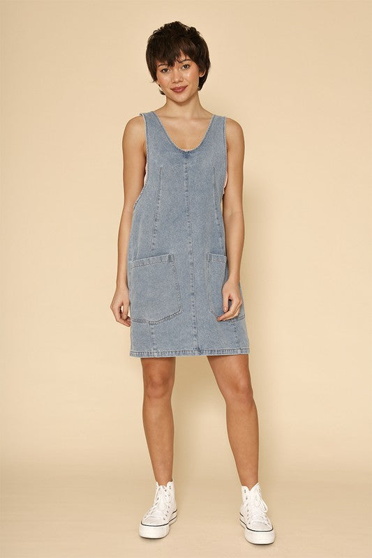 Denim Scoop Neck Overall Dress – outfit idea for women | Ro + Ivy