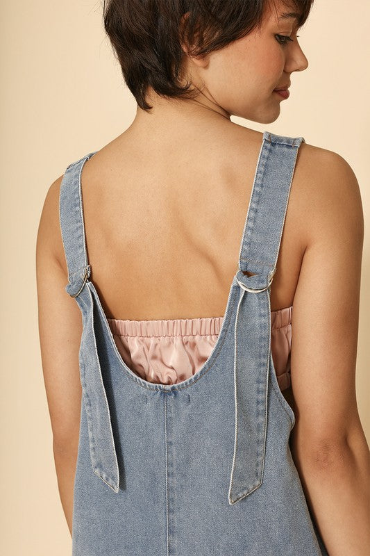 Denim Scoop Neck Overall Dress – outfit idea for women | Ro + Ivy