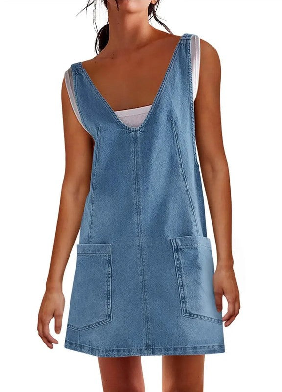 Denim Scoop Neck Overall Dress – outfit idea for women | Ro + Ivy