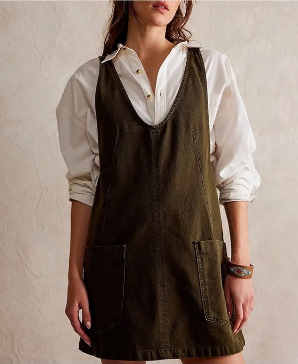 Denim Scoop Neck Overall Dress – outfit idea for women | Ro + Ivy