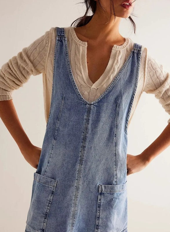 Denim Scoop Neck Overall Dress – outfit idea for women | Ro + Ivy