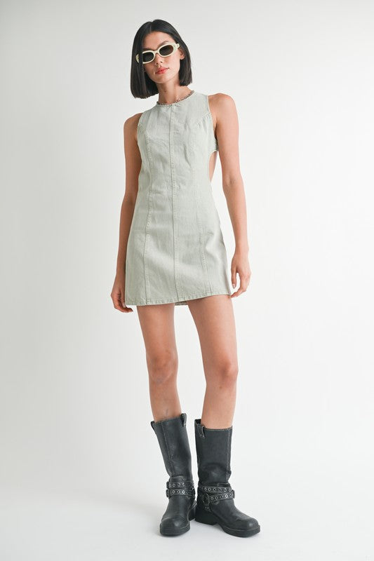 Bodycon Sleeveless Round Neck Mini Dress with Back Cutout – WASHED DENIM outfit idea for women | Ro + Ivy