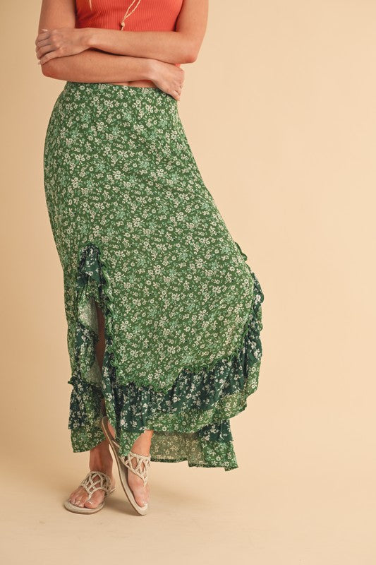 Sachi Ruffle Skirt – Green S outfit idea for women | Ro + Ivy