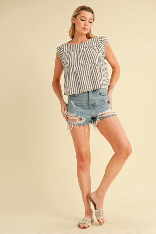 Cait Striped Short Sleeve Top – BLACK S outfit idea for women | Ro + Ivy
