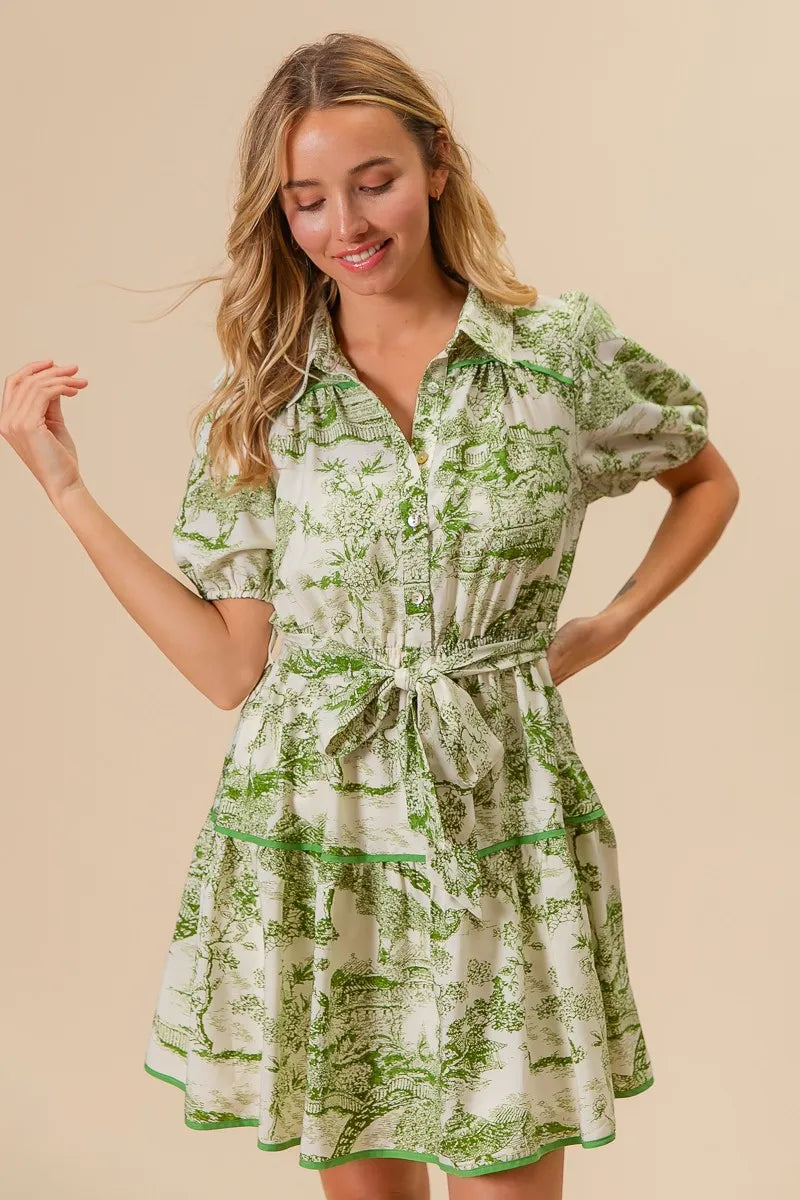Woven Printed Tiered Mini Dress – outfit idea for women | Ro + Ivy