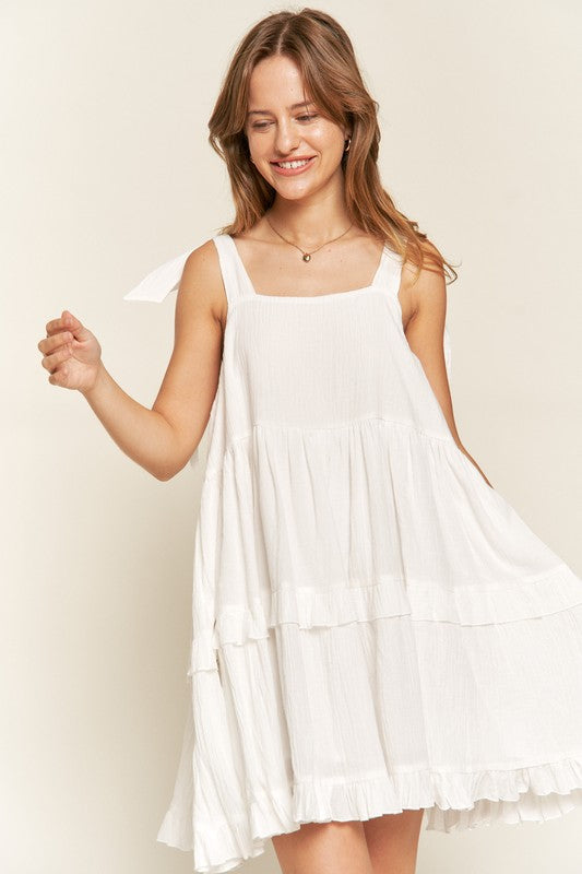 Square Neck Tiered Ruffle Bow Ties Mini Dress – outfit idea for women | Ro + Ivy