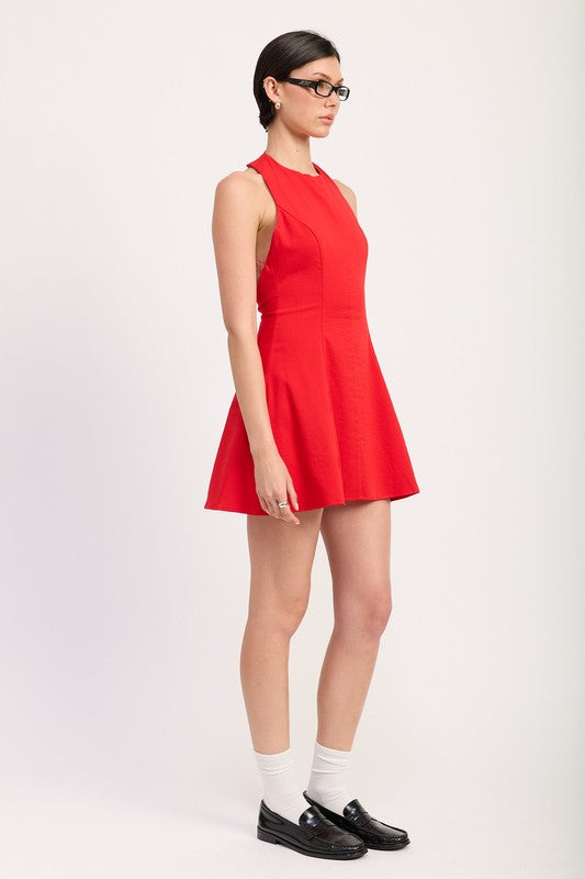 Halter Neck Mini Dress With Open Back – outfit idea for women | Ro + Ivy