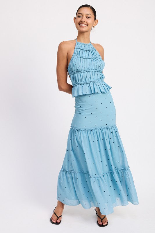 Tiered Ruffle Midi Skirt – BLUE POLKA DOT outfit idea for women | Ro + Ivy