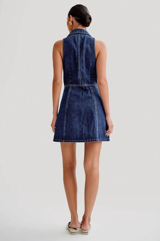 Denim Blue Halter Top Button-Up Mini Dress – outfit idea for women | Ro + Ivy