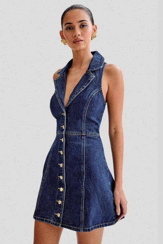 Denim Blue Halter Top Button-Up Mini Dress – outfit idea for women | Ro + Ivy