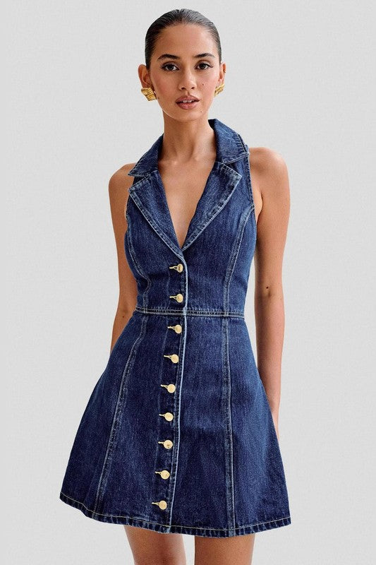 Denim Blue Halter Top Button-Up Mini Dress – outfit idea for women | Ro + Ivy