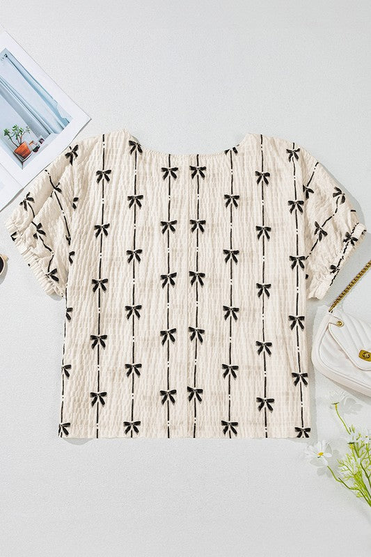 Bow Print Puff Short Sleeve Top – outfit idea for women | Ro + Ivy