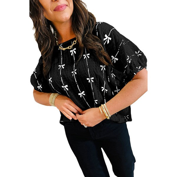 Bow Print Puff Short Sleeve Top – outfit idea for women | Ro + Ivy