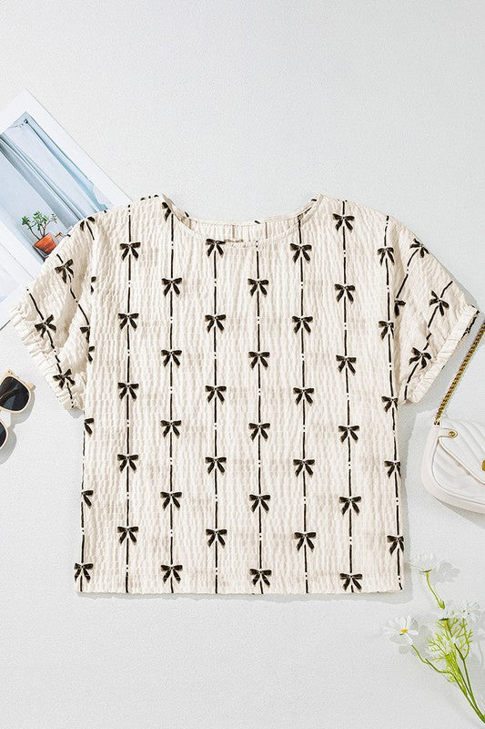 Bow Print Puff Short Sleeve Top – outfit idea for women | Ro + Ivy