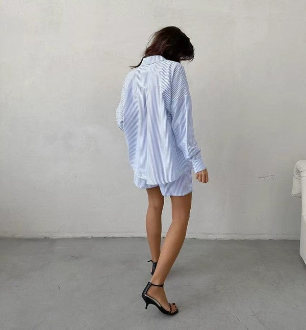 Striped Button Up Long Sleeve Two Piece Short Outfit Set – outfit idea for women | Ro + Ivy