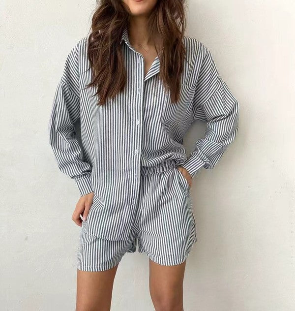Striped Button Up Long Sleeve Two Piece Short Outfit Set – outfit idea for women | Ro + Ivy