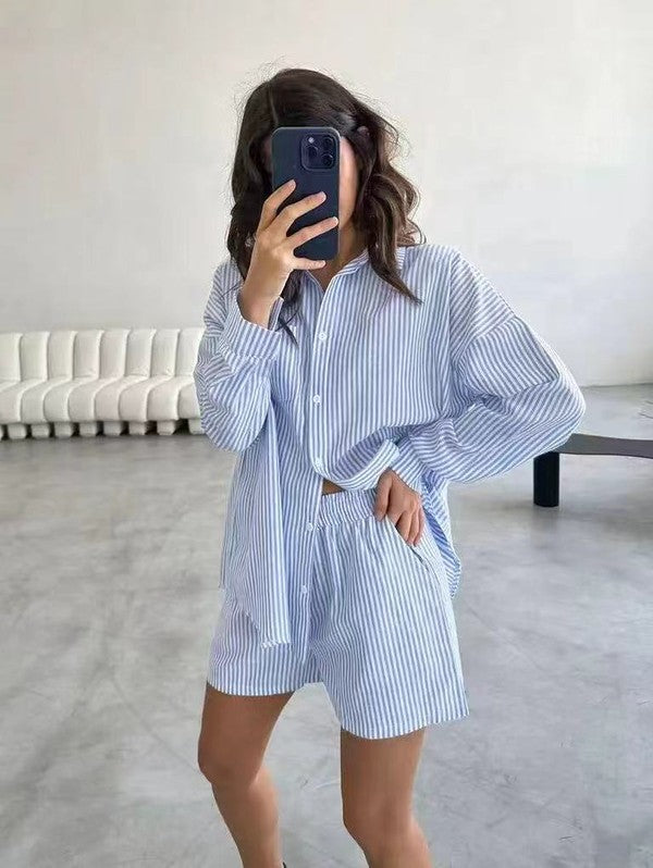 Striped Button Up Long Sleeve Two Piece Short Outfit Set – Blue outfit idea for women | Ro + Ivy