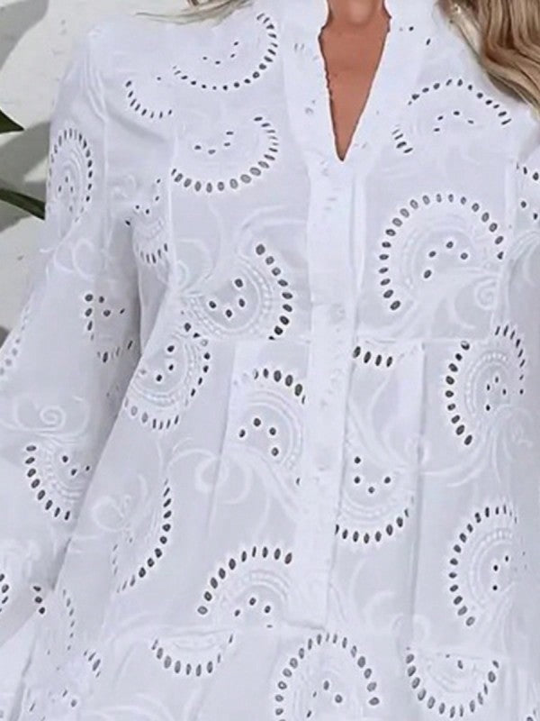 Cotton Embroidered Hollow Tiered Button Cover Up Dress – outfit idea for women | Ro + Ivy