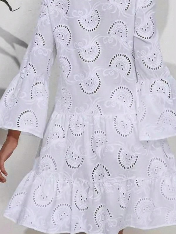 Cotton Embroidered Hollow Tiered Button Cover Up Dress – outfit idea for women | Ro + Ivy