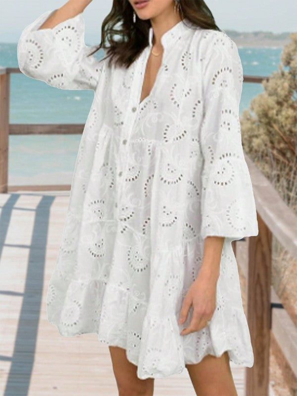 Cotton Embroidered Hollow Tiered Button Cover Up Dress – White outfit idea for women | Ro + Ivy