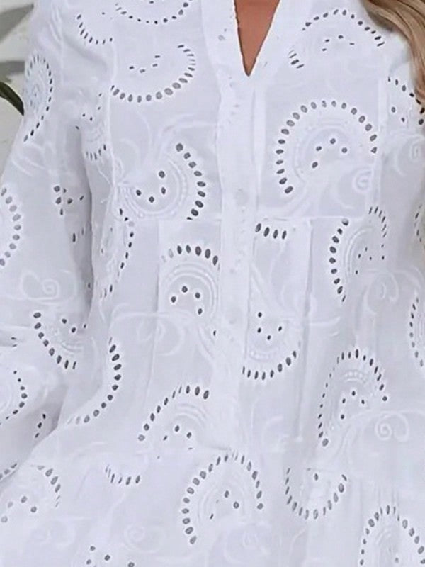 Cotton Embroidered Hollow Tiered Button Cover Up Dress – outfit idea for women | Ro + Ivy