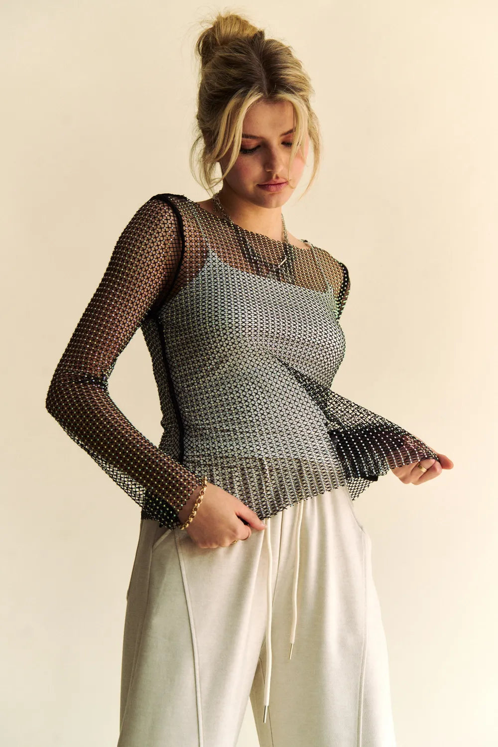 Sparkling Rhinestone Sheer Mesh Round Neck Top – Black outfit idea for women | Ro + Ivy