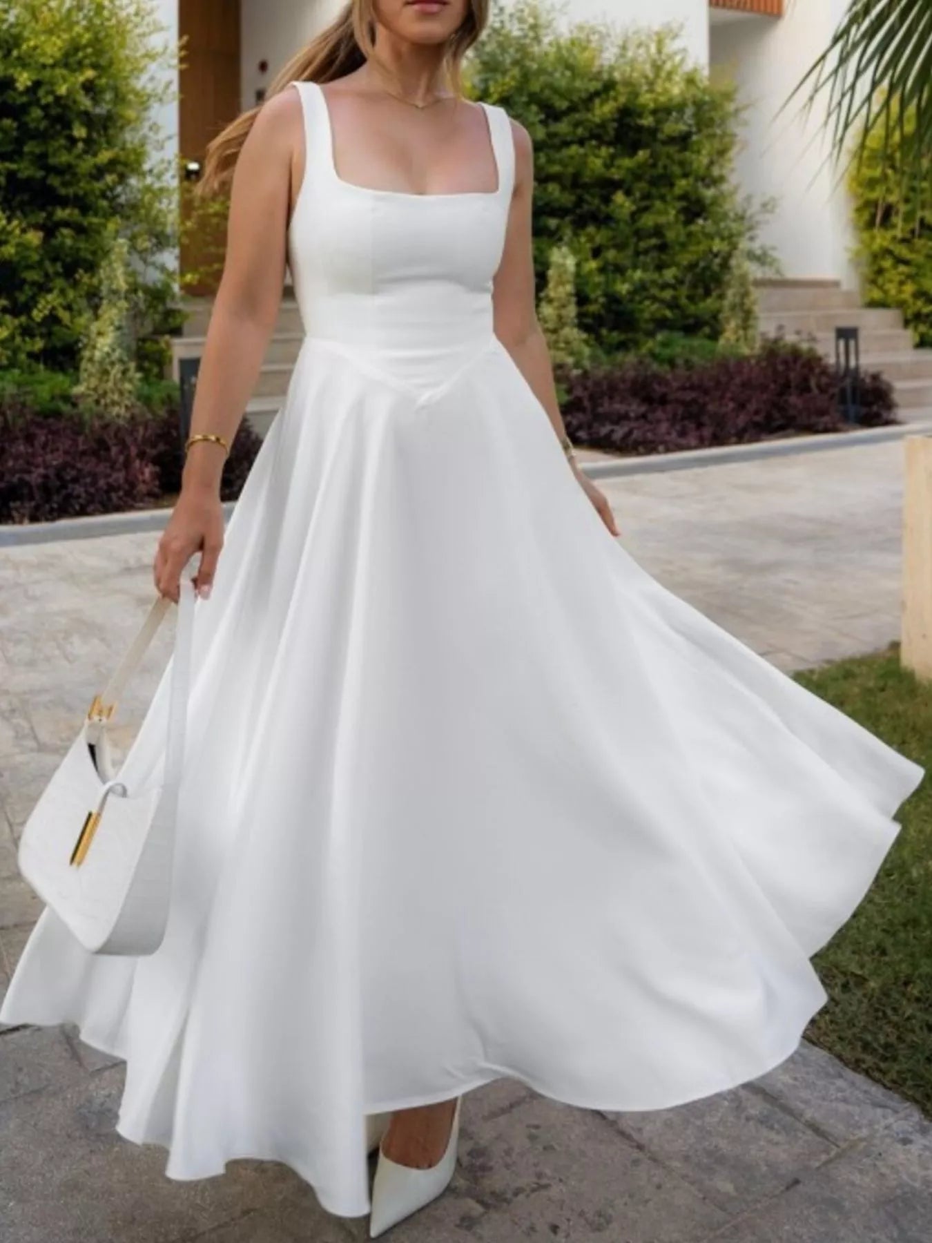 Women's Square Neck Wide Strap A-Line Midi Dress