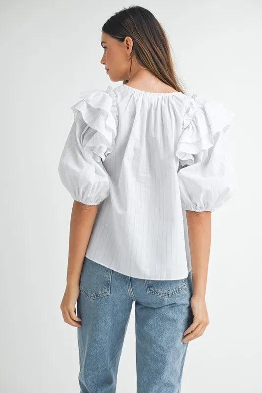 Stripe Ruffle Shoulder Puff Sleeve Blouse – outfit idea for women | Ro + Ivy