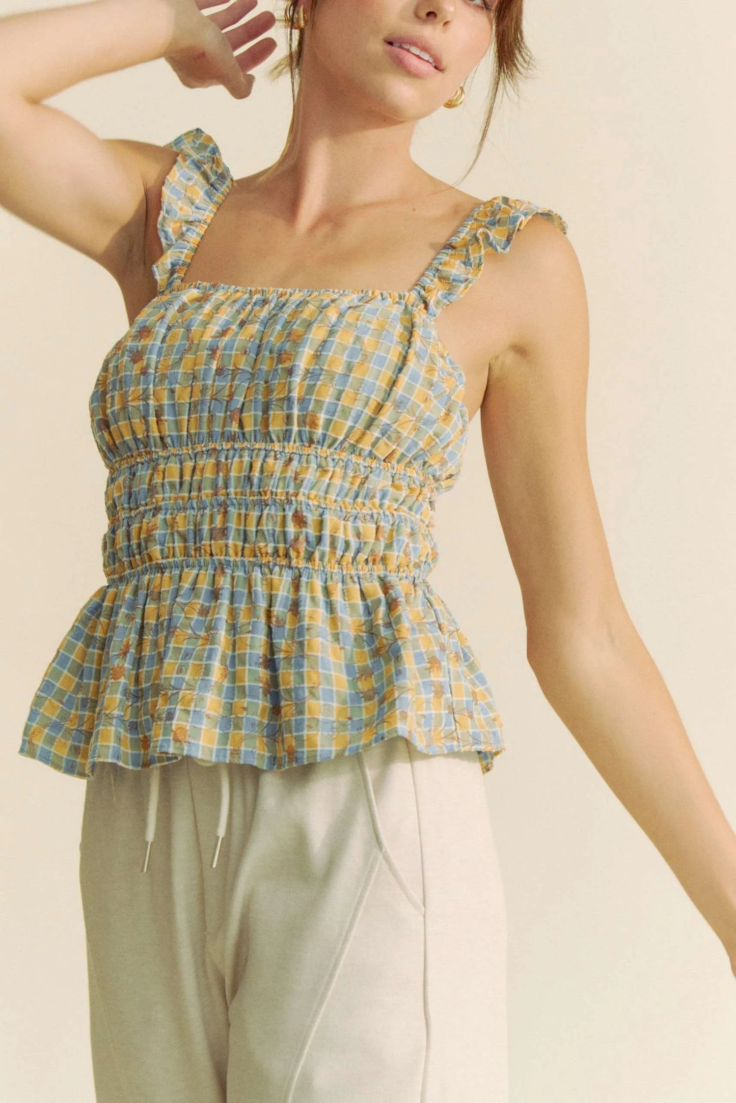 Plaid Ruffled Strap Smocked Sleeveless Top – outfit idea for women | Ro + Ivy