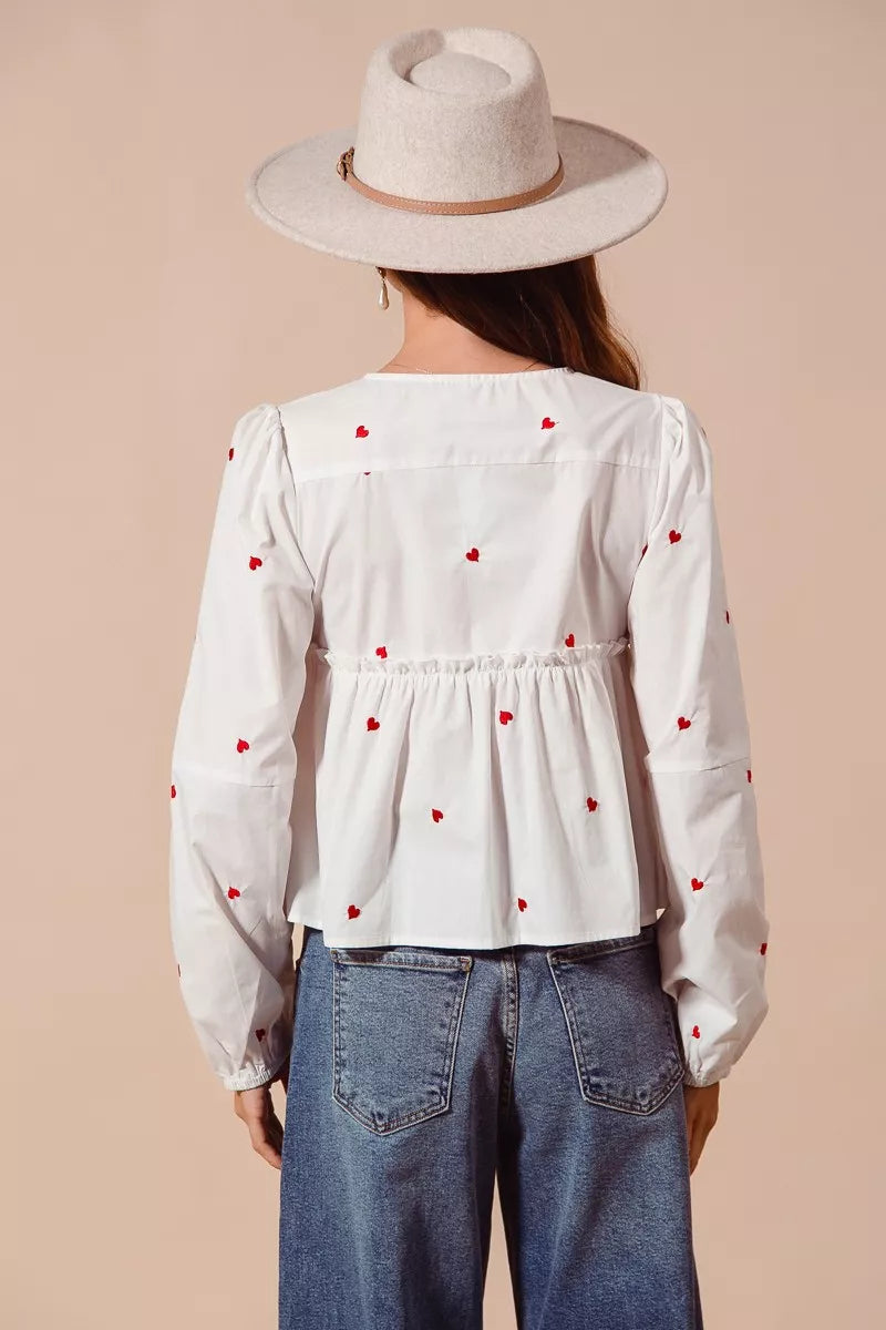 Front Tie Heart Embroidered Blouse With Puff Sleeve - Blouses