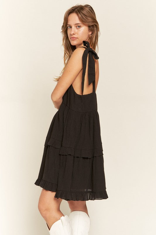 Square Neck Tiered Ruffle Bow Ties Mini Dress – outfit idea for women | Ro + Ivy