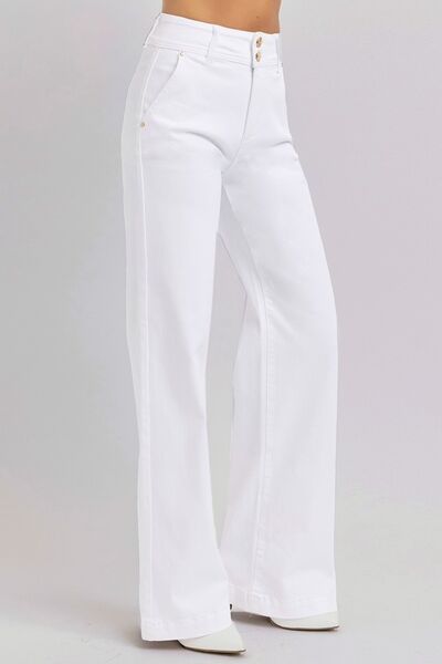 Full Size Tummy Control Double Button Wide Leg Jeans Trendy Jeans Outfit Idea for Women | Ro + Ivy