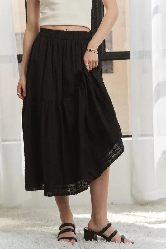 Elastic Waistband Tiered Midi Skirt – outfit idea for women | Ro + Ivy