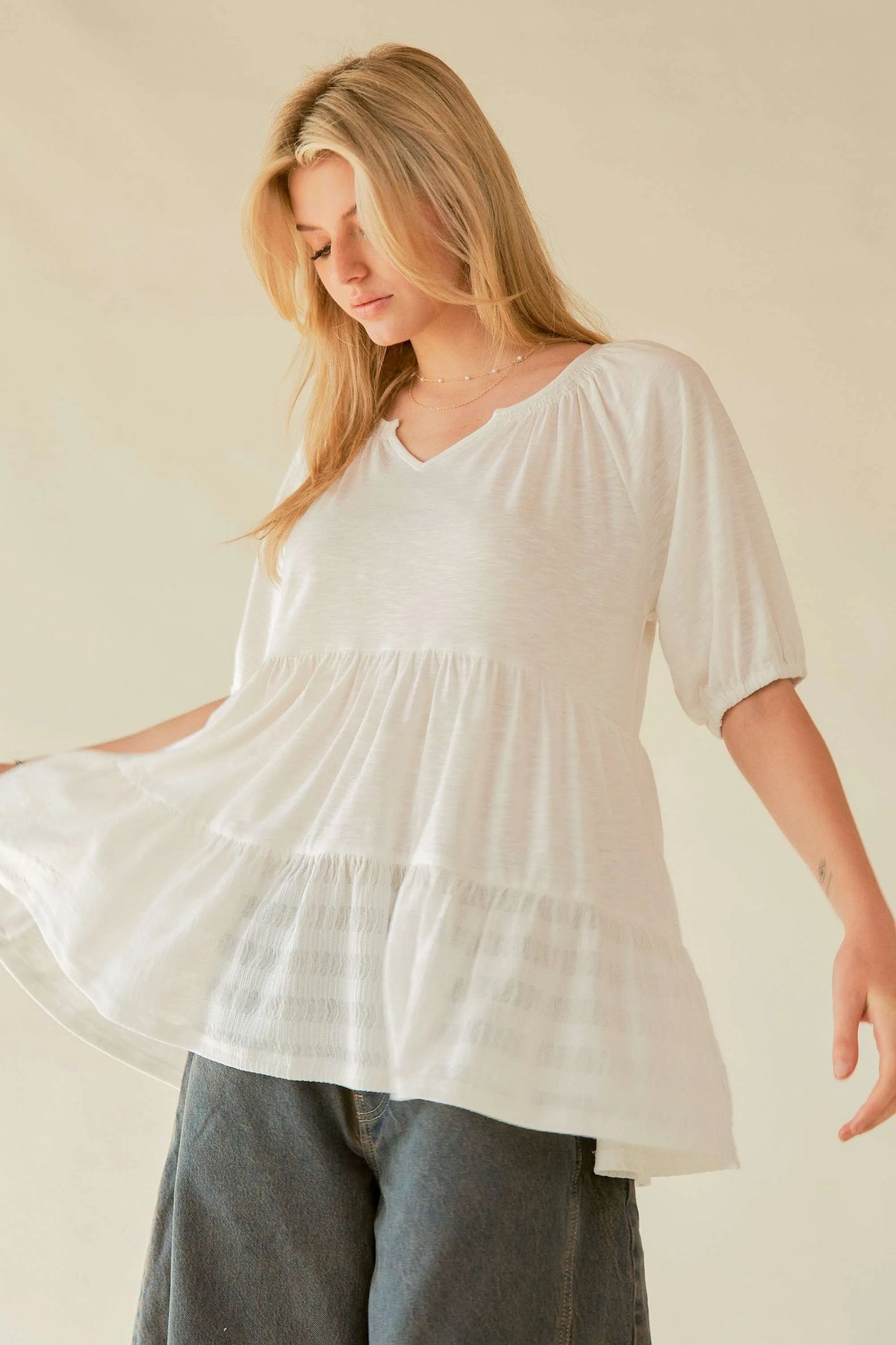 Ruffled Flared Short Sleeve V Neck Blouse – outfit idea for women | Ro + Ivy