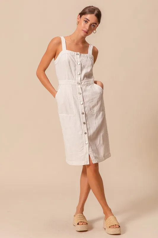 Button Down Pocket Front Pinafore Knee Length Dress – OFF WHITE outfit idea for women | Ro + Ivy