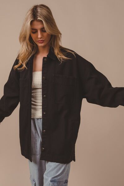 Button Up Washed Jacket with Pockets - Ro + Ivy