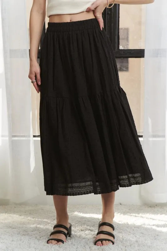 Elastic Waistband Tiered Midi Skirt – outfit idea for women | Ro + Ivy