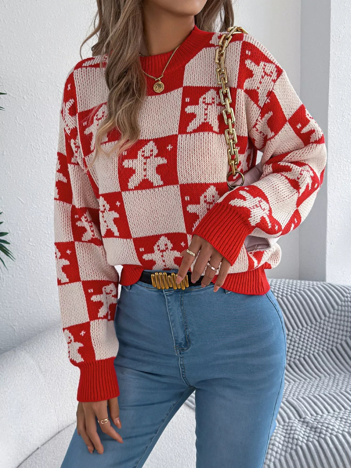 Christmas Checkerboard Gingerbread Print Round Neck Sweater