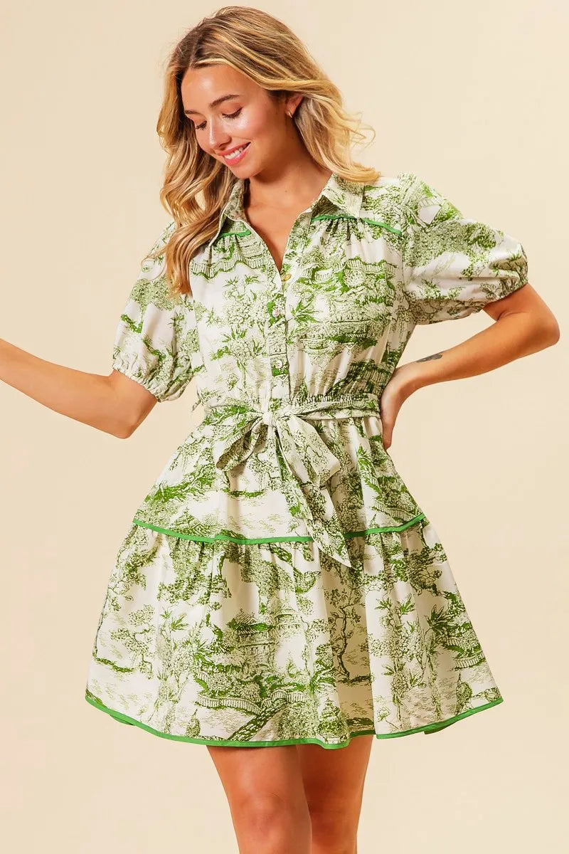 Woven Printed Tiered Mini Dress – outfit idea for women | Ro + Ivy