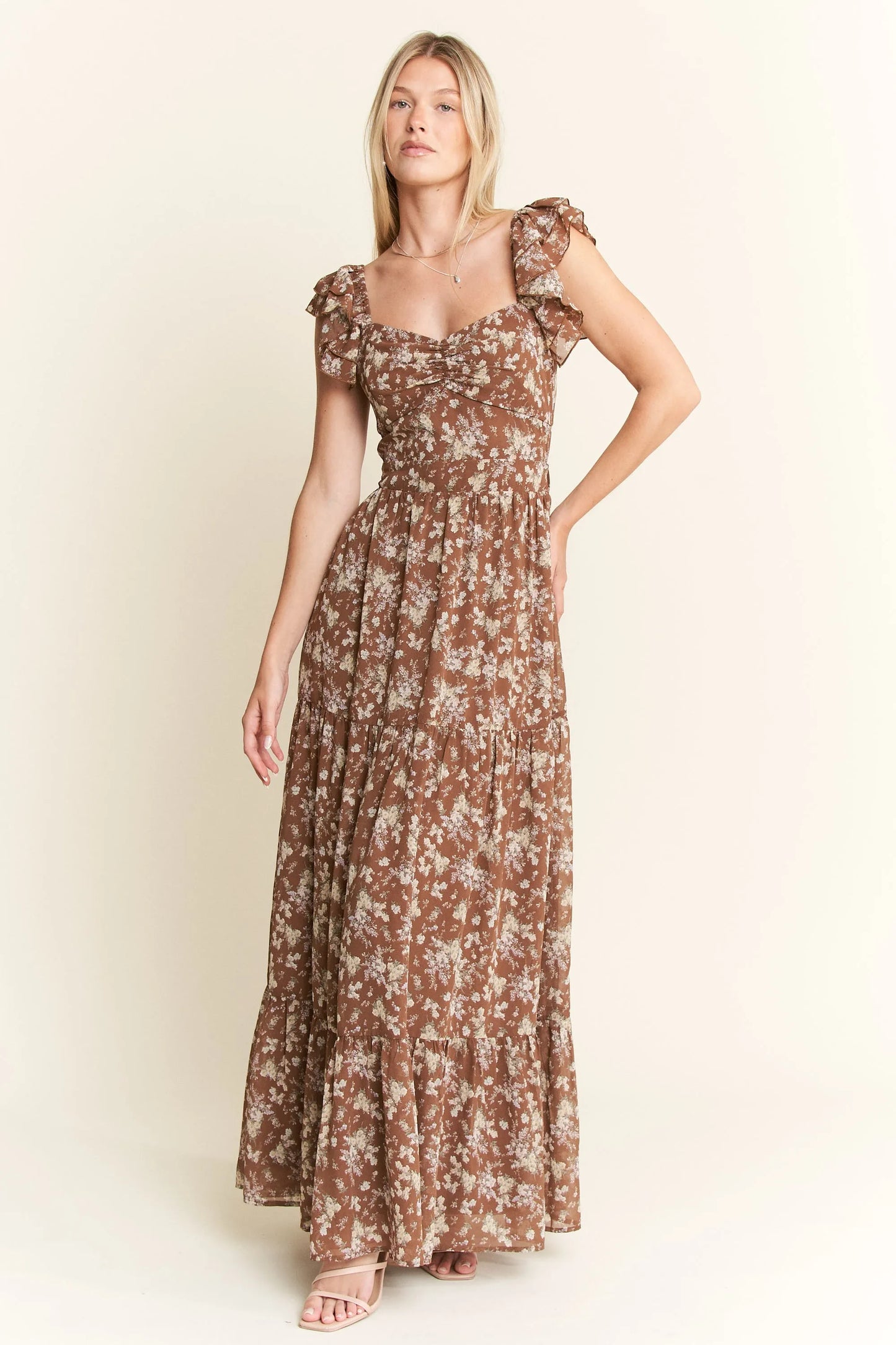 Ruffle Sleeve Tiered Maxi Dress in Mocha – outfit idea for women | Ro + Ivy