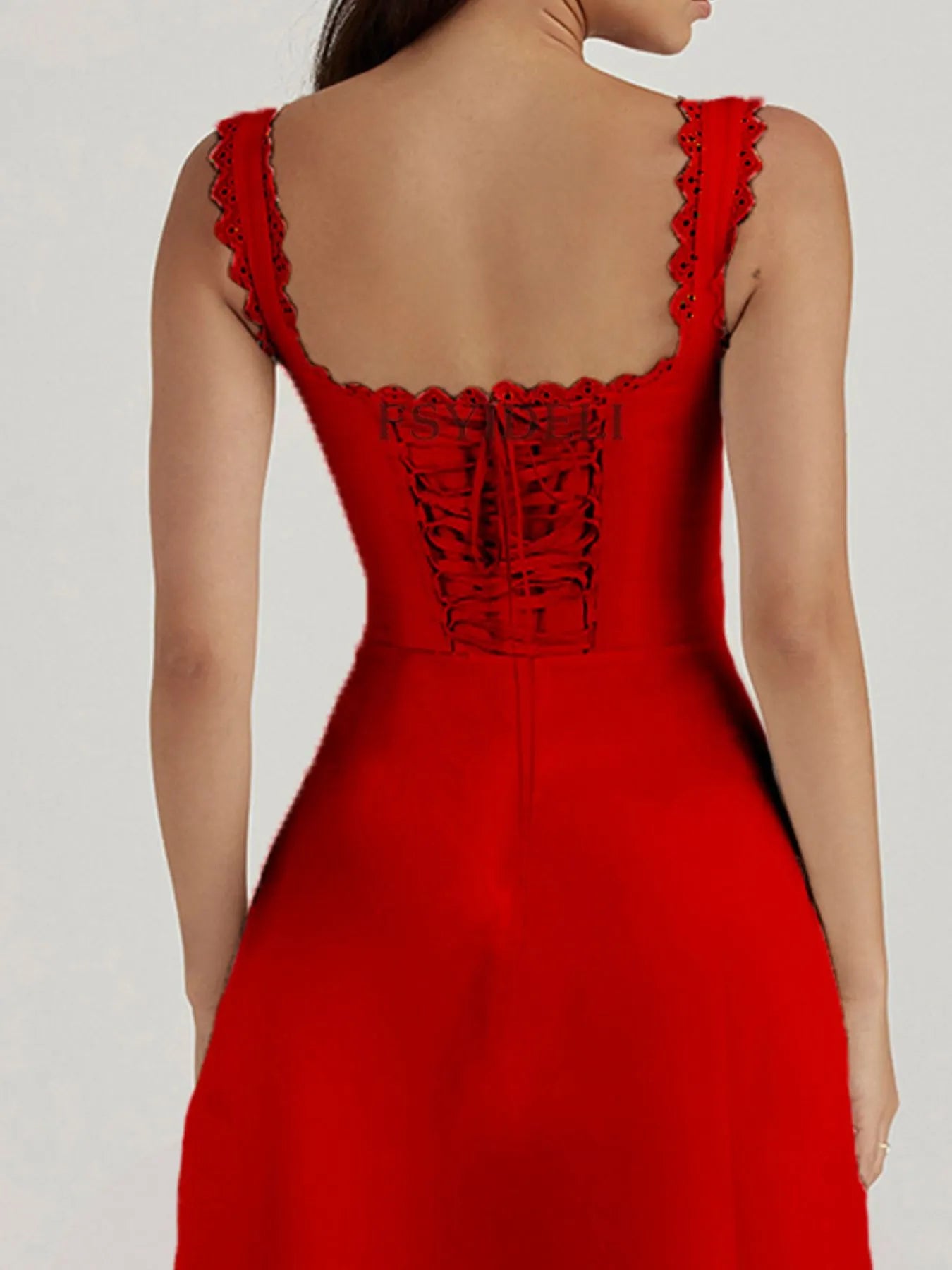 Women's Scalloped V-Neck Midi Dress with Back Lace-Up - Midi Dresses