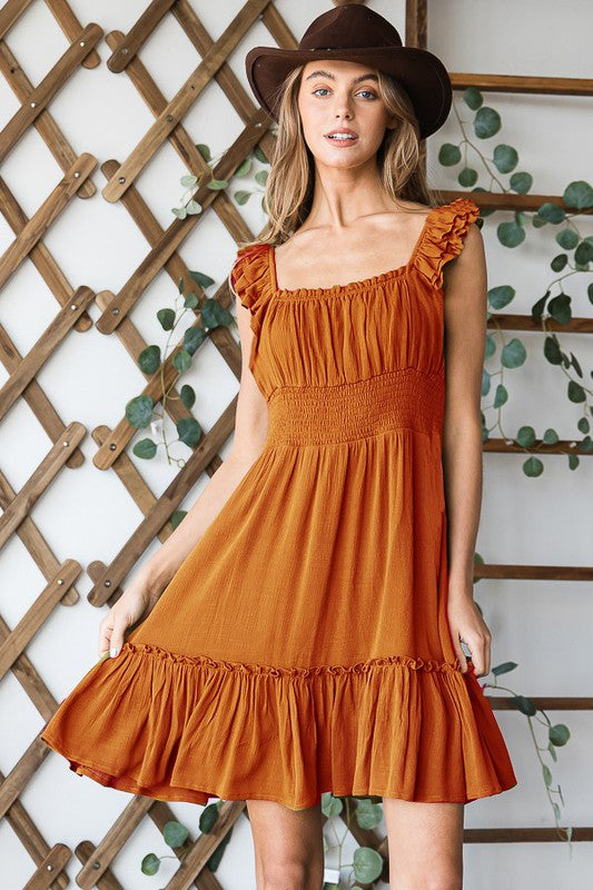Ruched Waist Ruffled Sleeveless Knee Length Dress – RUST outfit idea for women | Ro + Ivy