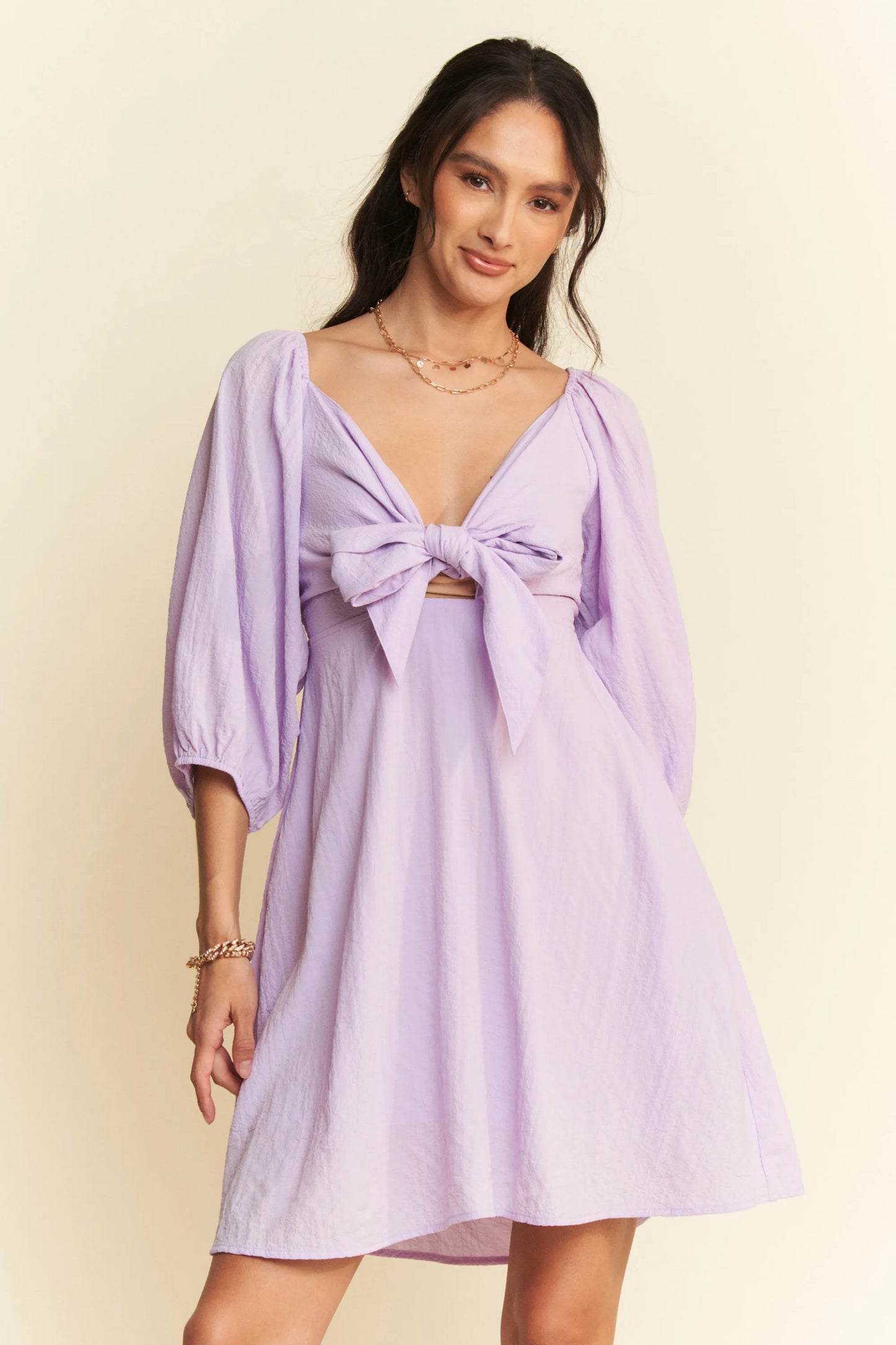 Self-Tie Puff Sleeve Smocking Open Back Mini Dress – LAVENDER outfit idea for women | Ro + Ivy