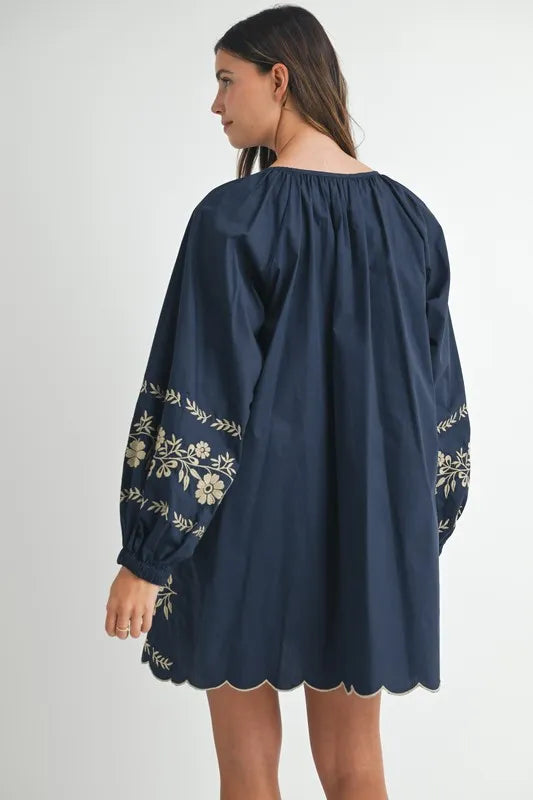 Embroidered Long Sleeve Peasant Mini Dress – outfit idea for women | Ro + Ivy