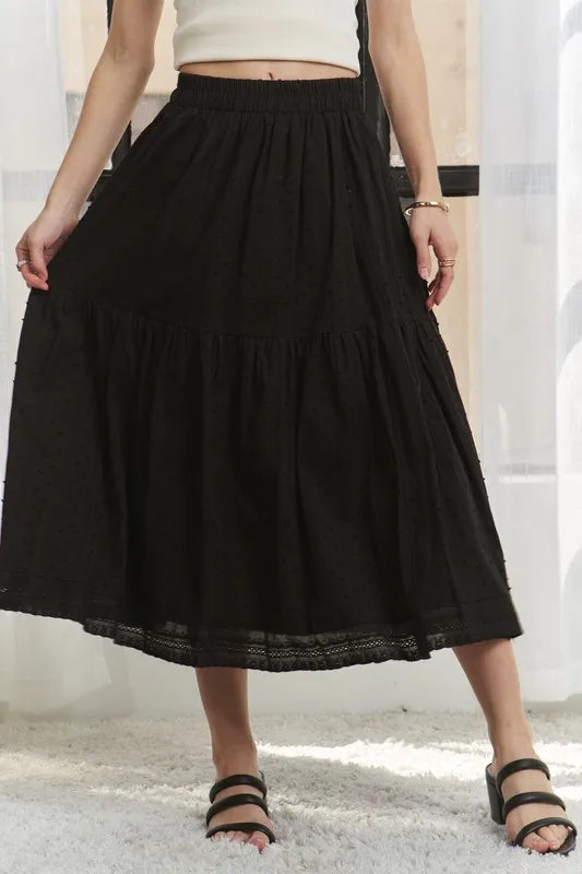 Elastic Waistband Tiered Midi Skirt – outfit idea for women | Ro + Ivy