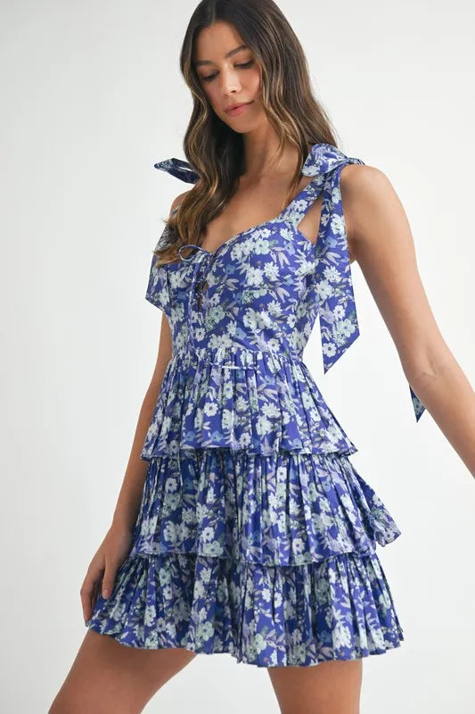 Floral Print Shoulder Tie Layered Mini Dress – outfit idea for women | Ro + Ivy